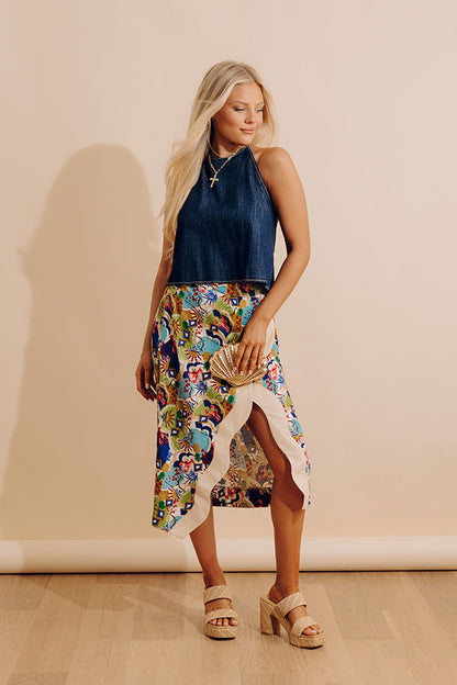 Tropical Tango High Waist Linen-Blend Warp Skirt