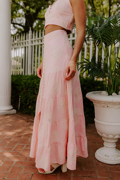 Sunkissed Meadow High Waist Embroidered Maxi Skirt in Pink