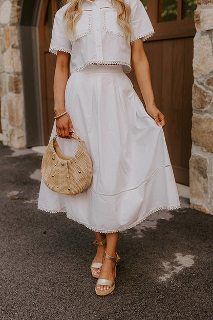 Courtyard Brunch High Waist Midi Skirt in White