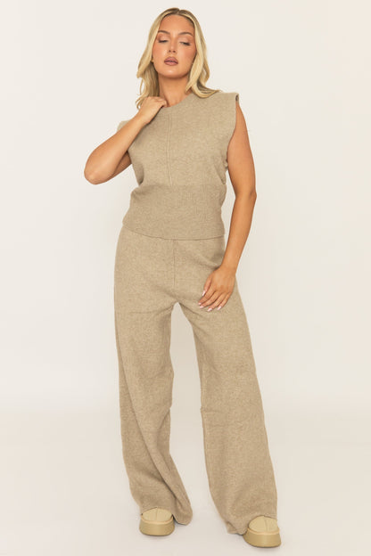 Beige Knitted Vest and Trouser Loungewear Co-ord Set - Aziel