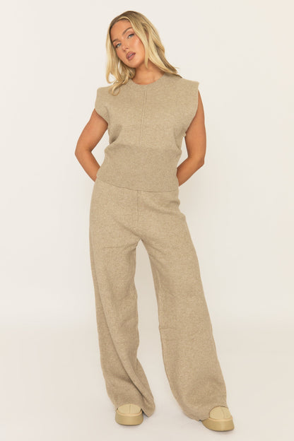 Beige Knitted Vest and Trouser Loungewear Co-ord Set - Aziel