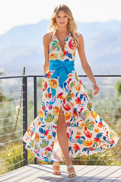 Bright Print Halter Belted Maxi Shirt Dress Multi