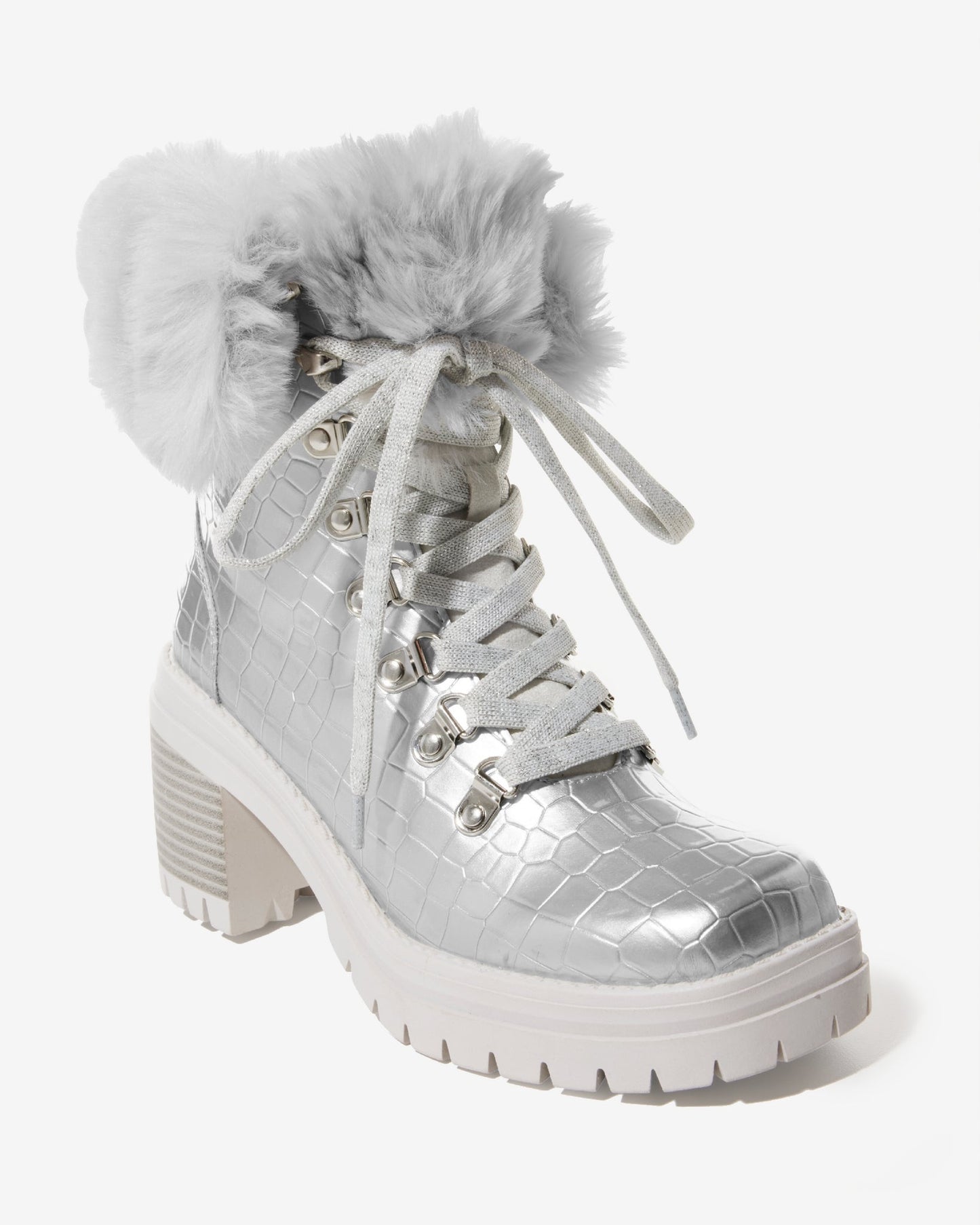 Croco Fur Lace Up Bootie Silver
