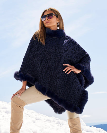 Cable Fur Trim Poncho Evening Blue