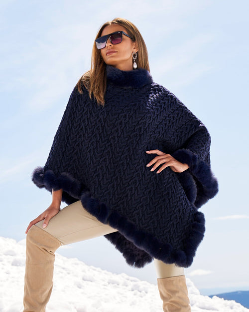 Cable Fur Trim Poncho Evening Blue