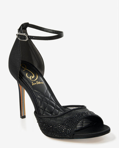 Crystal Embellished Mesh Ankle Strap Heel Black