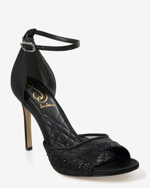 Crystal Embellished Mesh Ankle Strap Heel Black