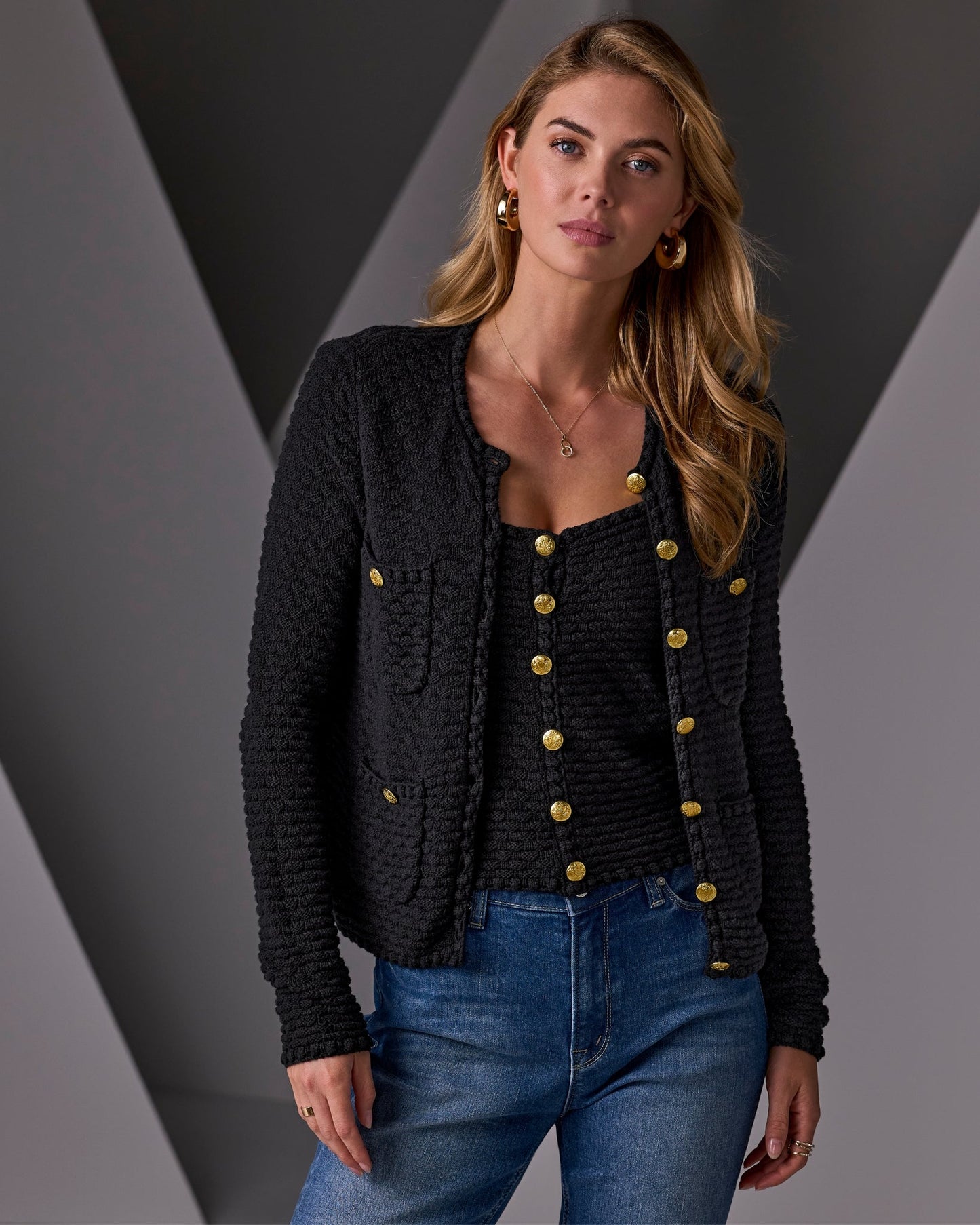 Button Detail Pocket Sweater Cardigan Black
