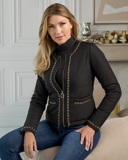 Chain Trim Light Weight Puffer Jacket Black