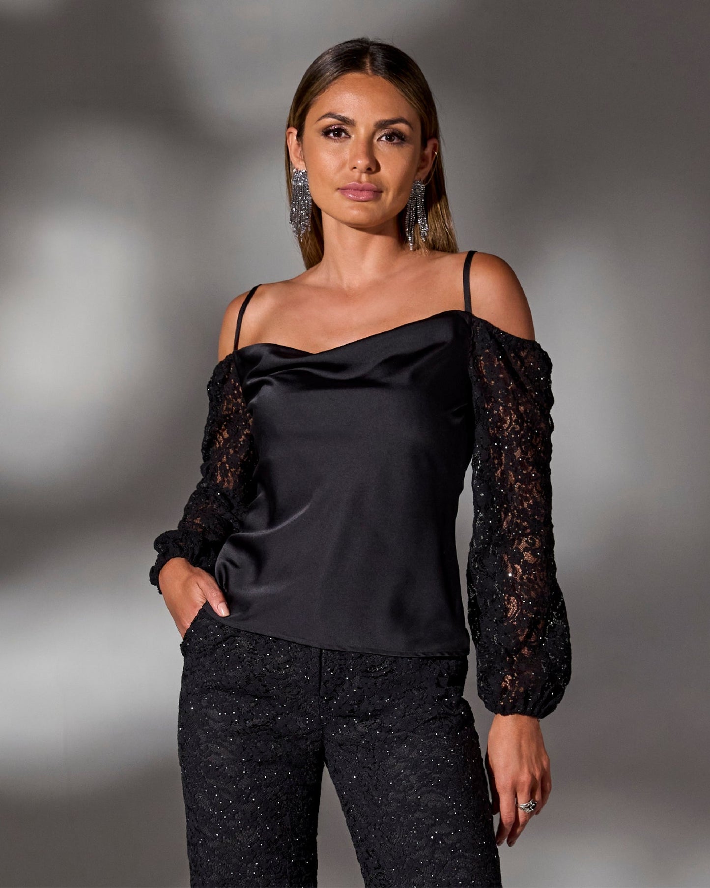 Cold Shoulder Lace Balloon Sleeve Black