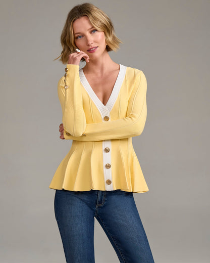 Colorblock Peplum Pullover Sweater Pale Banana/White