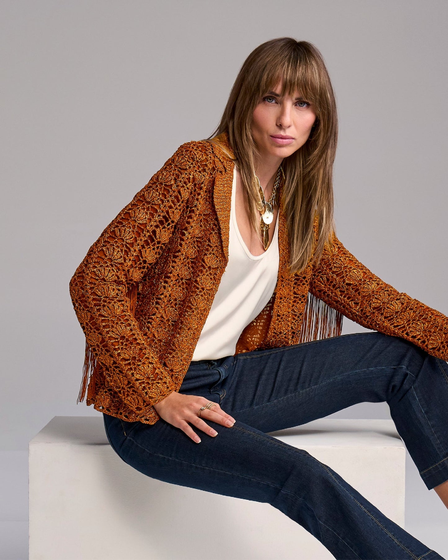 Crochet Fringe Collared Sweater Jacket Toffee