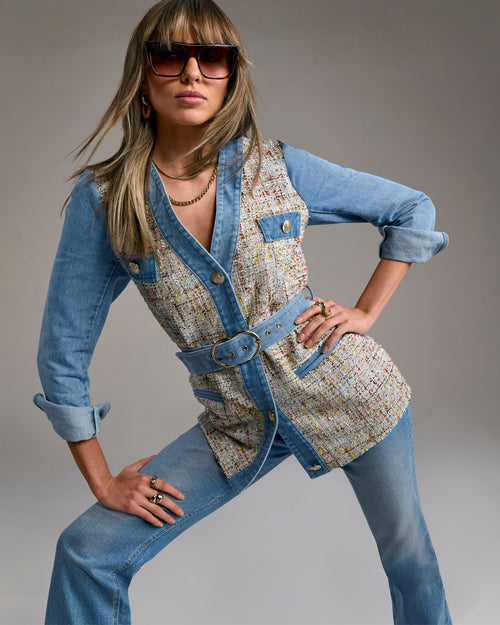 Denim & Tweed Tie Waist Utility Jacket Ultra Light Wash