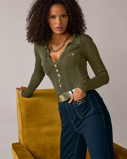 Crested Button Collared Rib Sweater Top Olive