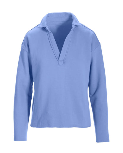 Cotton Comfort Collared V Neck Lounge Sweatshirt Hydrangea Blue