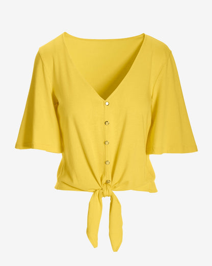 Button Front Tie Front Tee Lemon Drop