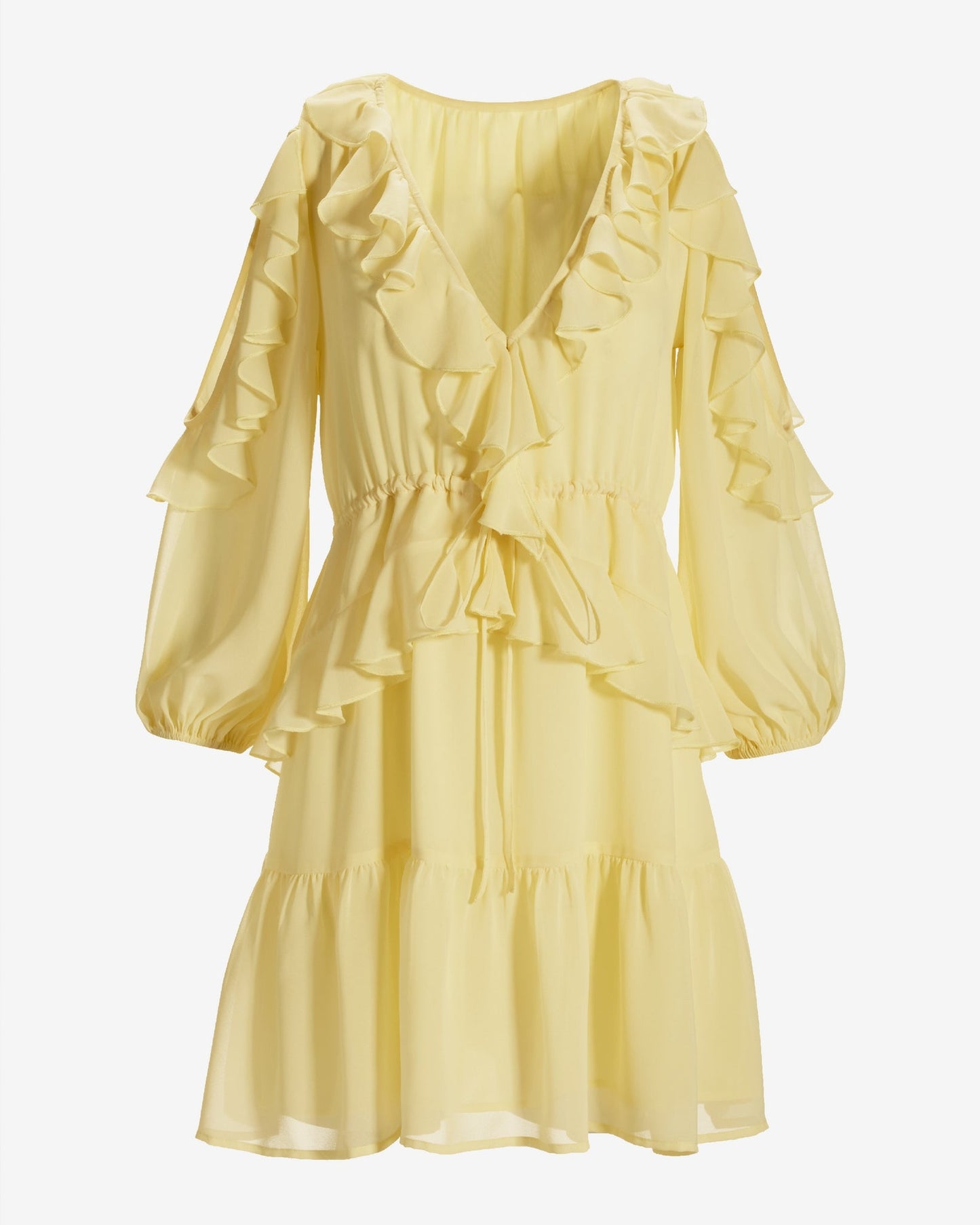Cold Shoulder Ruffle Detail Boho Peasant Dress Pale Banana