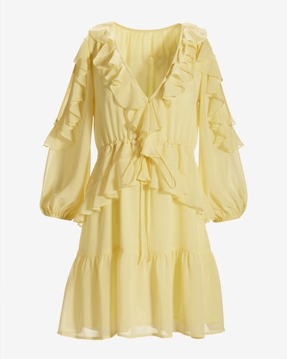 Cold Shoulder Ruffle Detail Boho Peasant Dress Pale Banana