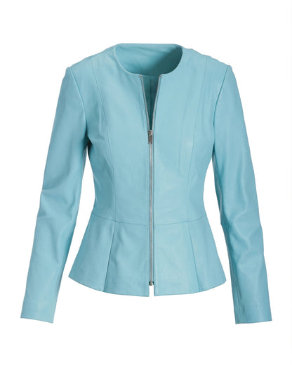 Collarless Peplum Leather Jacket Aqua