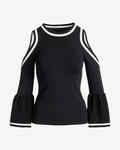 Color Block Cold Shoulder Ruffle Sleeve Sweater Black/White