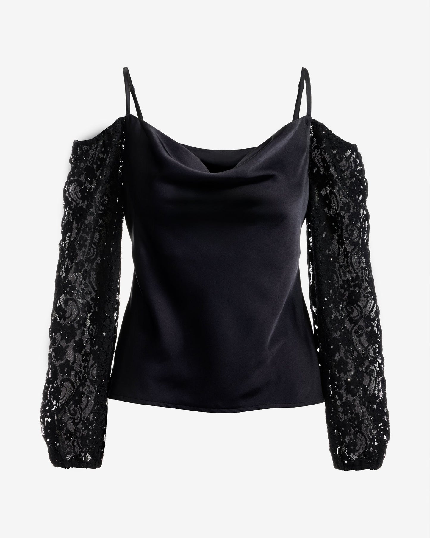 Cold Shoulder Lace Balloon Sleeve Black