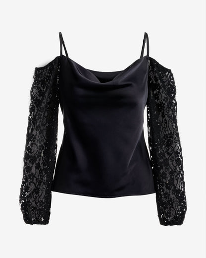 Cold Shoulder Lace Balloon Sleeve Black