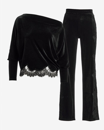 Chic Velour Lace Lounge Set Proper Black