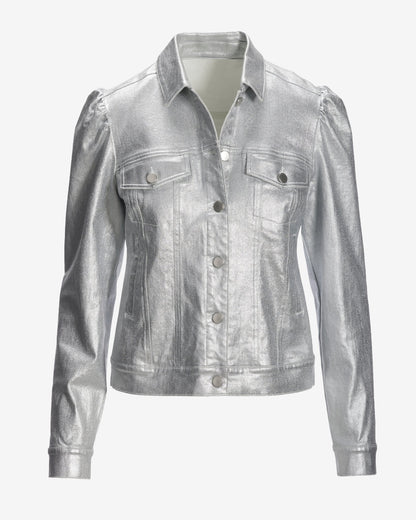 Coated Denim Puff Sleeve Jacket Silver