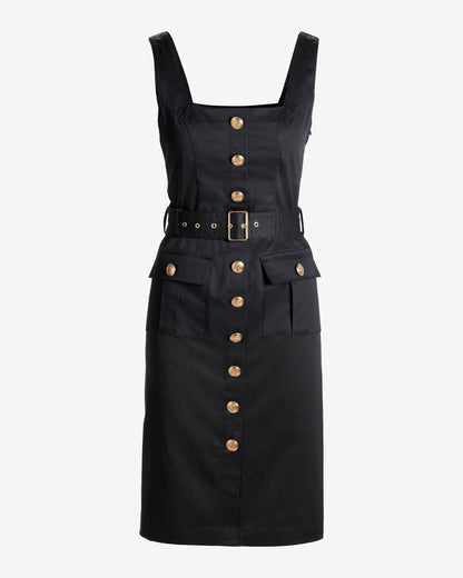 Crest Button Detail Belted Midi Sheath Dress Black