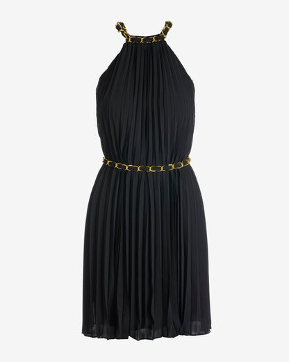 Chain Detail High neck Pleated Fit and Flare Dress Black