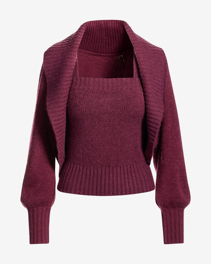 Cardigan and Square Neck Tank Sweater Set Black Cherry