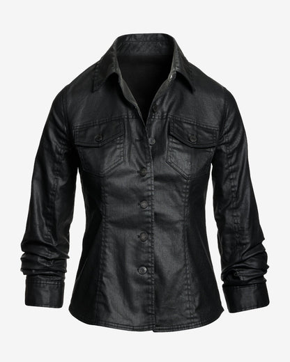 Coated Denim Ruched Sleeve Jacket Black