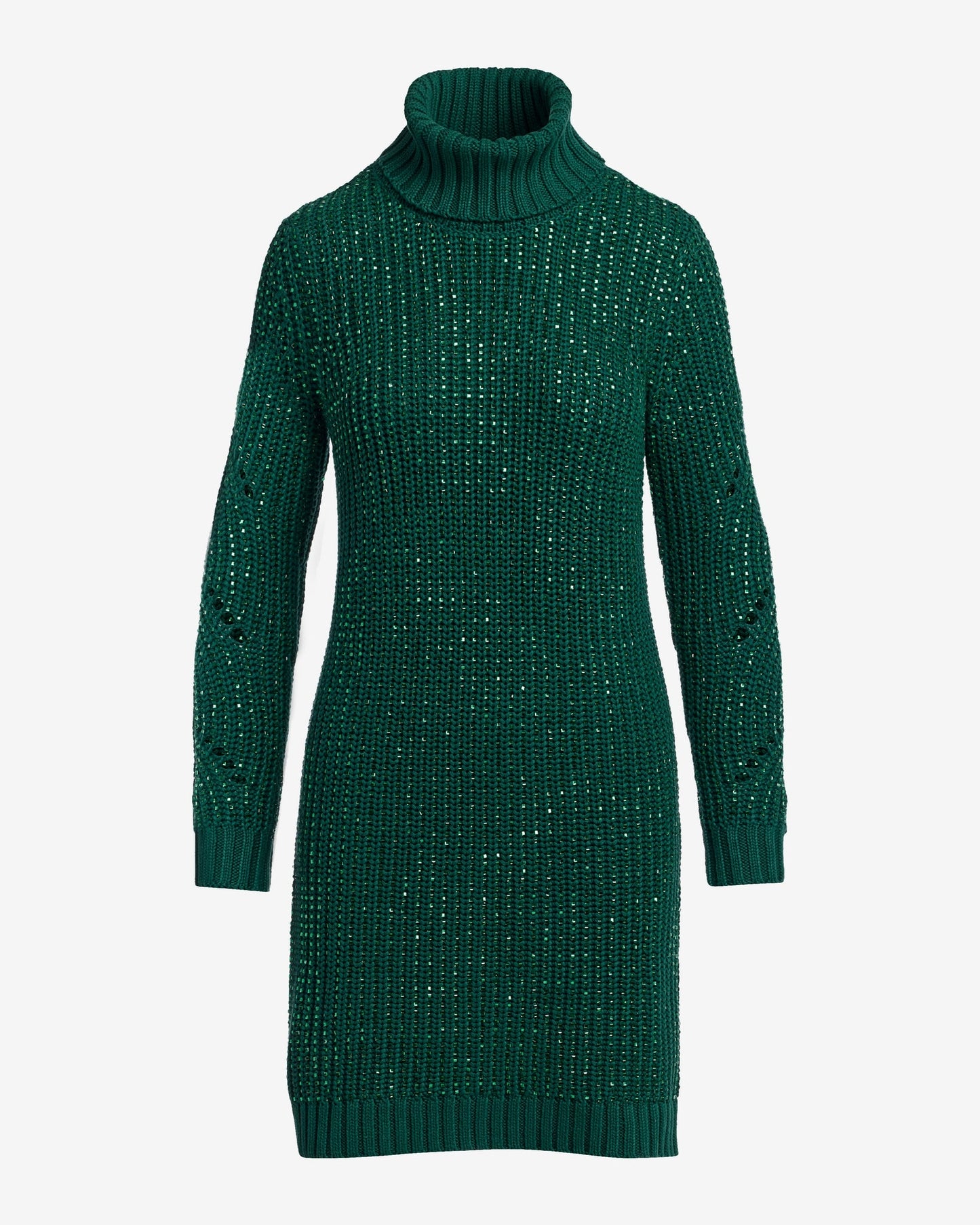 Crystal Embellished Turtleneck Sweater Dress Emerald