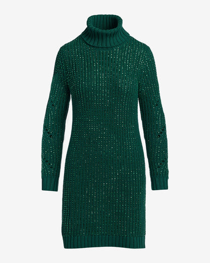 Crystal Embellished Turtleneck Sweater Dress Emerald