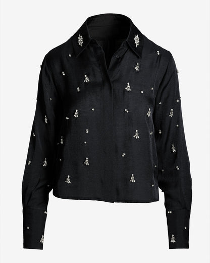 Crystal Embellished Button Up Shirt Black