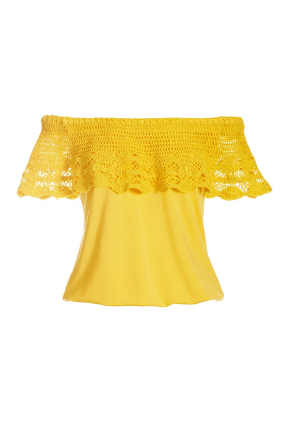 Crochet Overlay Off the Shoulder Knit Top Lemon Drop