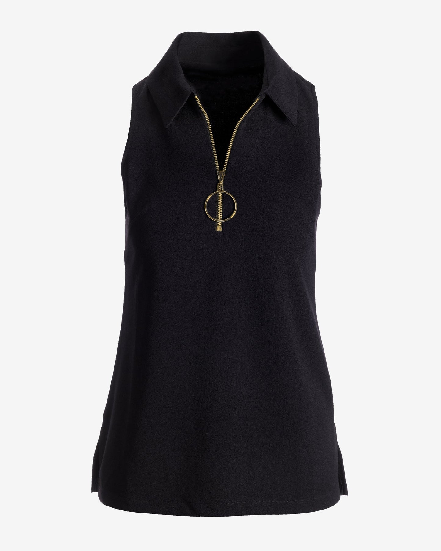 Collared Zip-Up Sleeveless Knit Top Black