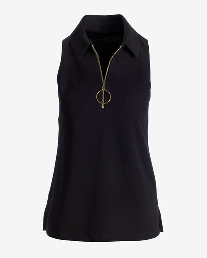 Collared Zip-Up Sleeveless Knit Top Black