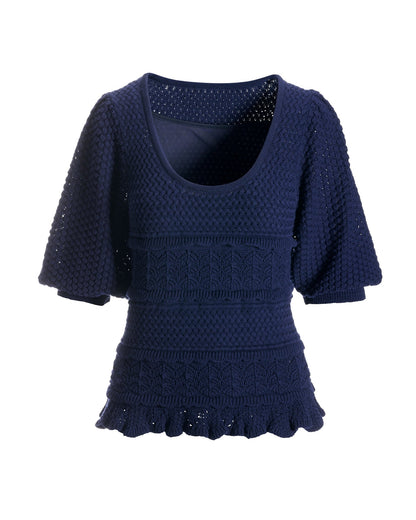 Crochet Detail Puff Sleeve Sweater Navy