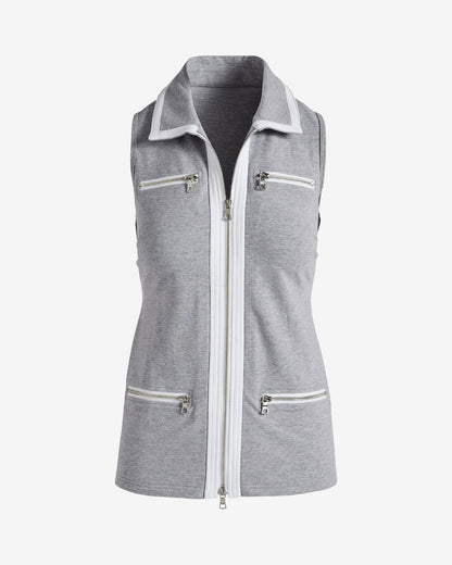 Chic Zip Sleeveless Collared Top Heather Gray/White