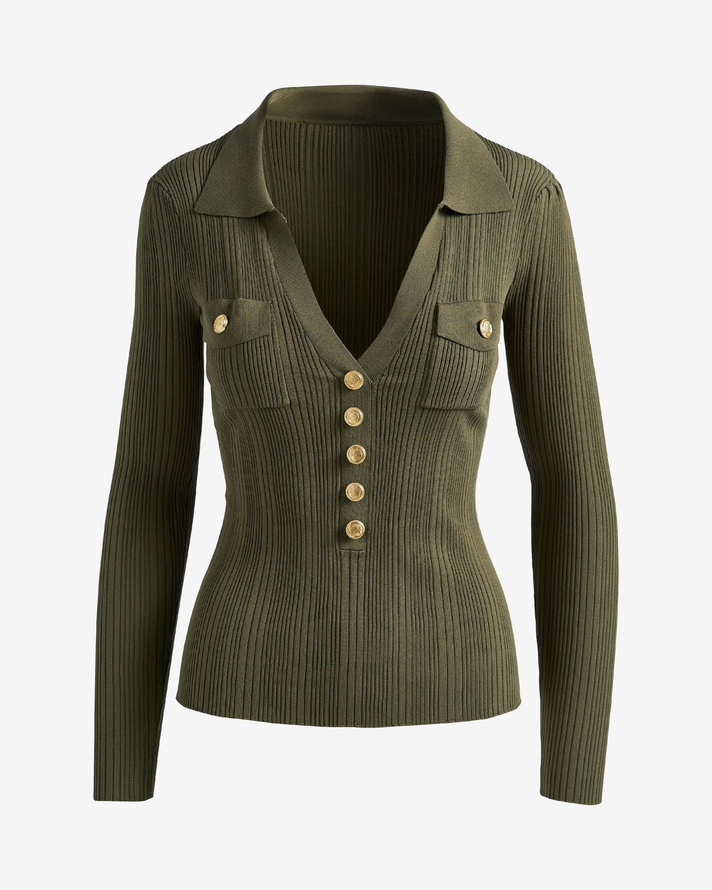 Crested Button Collared Rib Sweater Top Olive