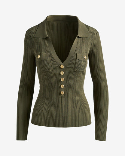 Crested Button Collared Rib Sweater Top Olive
