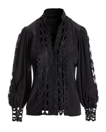 Cutout Lace Button Up Shirt Black
