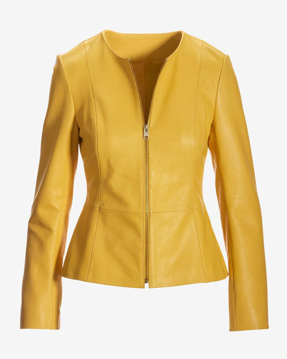 Collarless Peplum Leather Jacket Yellow