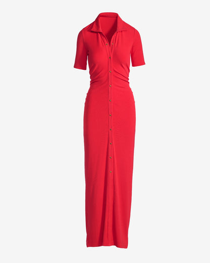 Button Up Rib Elbow Sleeve Maxi Dress Hibiscus