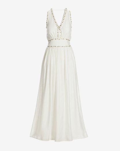 Crystal Grommet Trim Sheen Gauze Maxi Dress Off White
