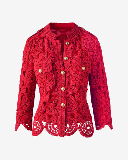 Crochet Three Quarter Sleeve Jacket Tomato Red