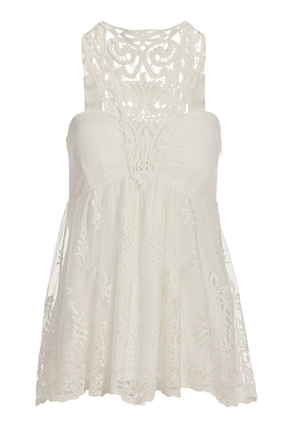 Crochet Embroidered High Neck Tank Off White
