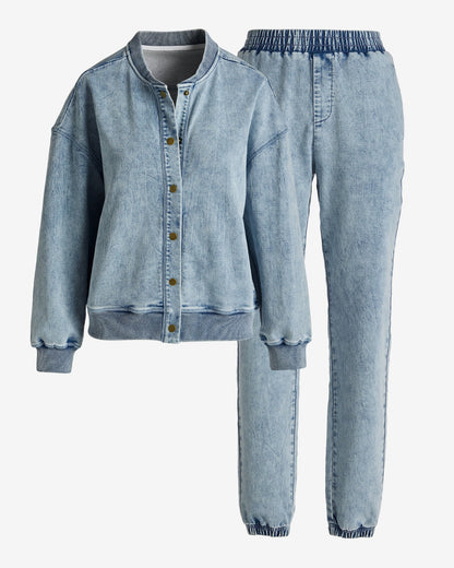 Denim Wash Bomber Jacket and Jogger Set Blue