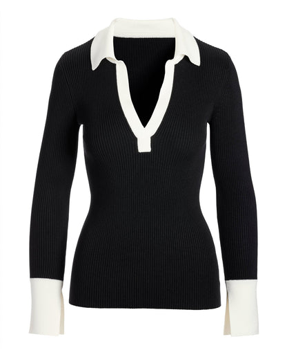 Colorblock Collar Rib Sweater Black/White